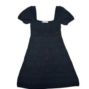 Crochet Black Knit Mini Dress Square Neck Puff Sleeve cottage Whimsigoth